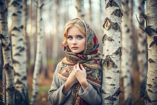 A beautiful girl in a traditional Russian folk shawl in a spring birch grove. The portrait symbolizes the traditions and beauty of the Russian people. photo