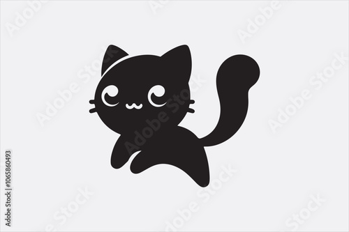 A cute sitting cat with a curved tail and large.