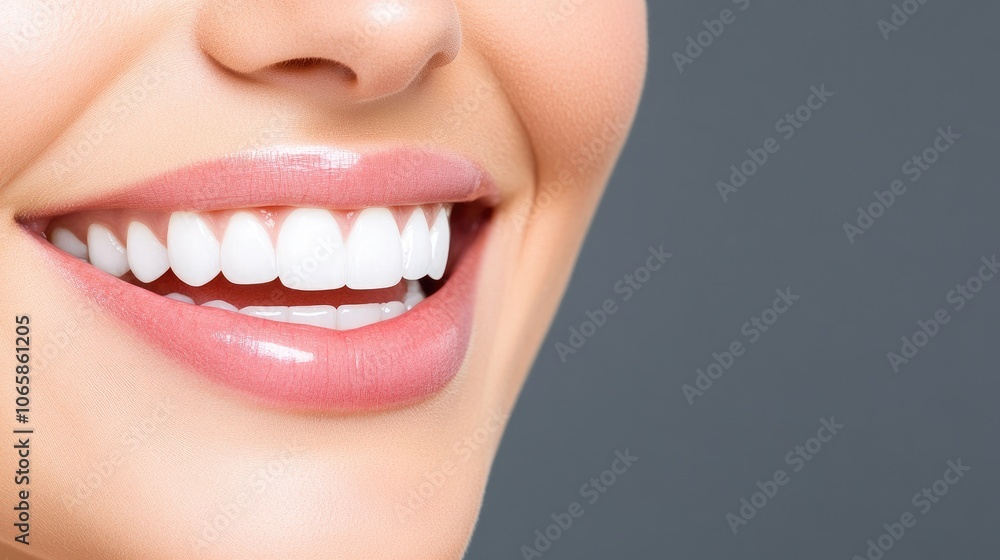 Obraz premium Happy woman enjoying a bright smile while brushing her teeth in a studio setting against a dark background