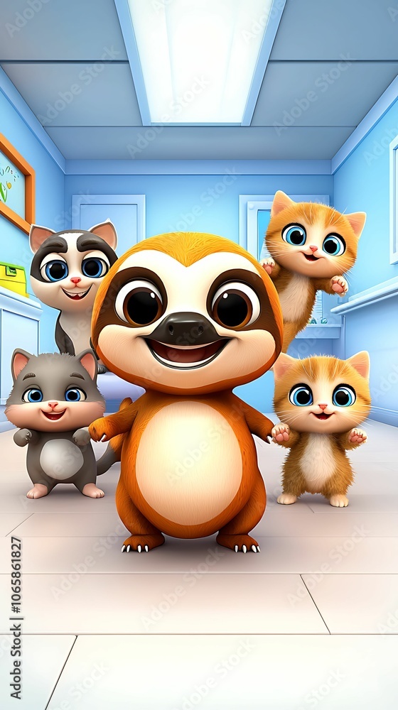 Naklejka premium Adorable cartoon animals gather for a fun day a sloth and his feline friends in a cheerful setting