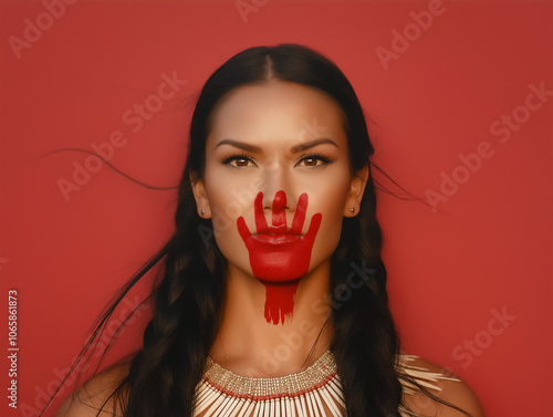 Portrait of Native American, indigenous, First Nations woman with red hand print across mouth, missing and murdered women awareness