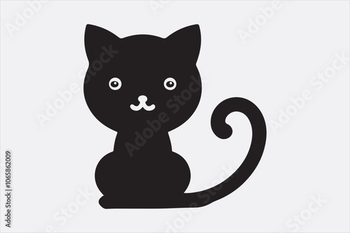 A cute sitting cat with a curved tail and large