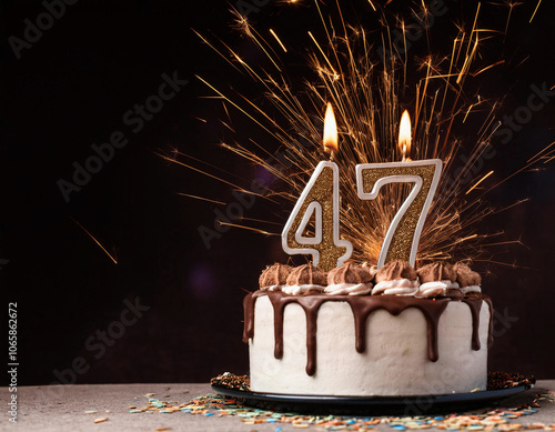 Birthday cake with 47 years birthday candles with sparks on dark background with copy space	 photo