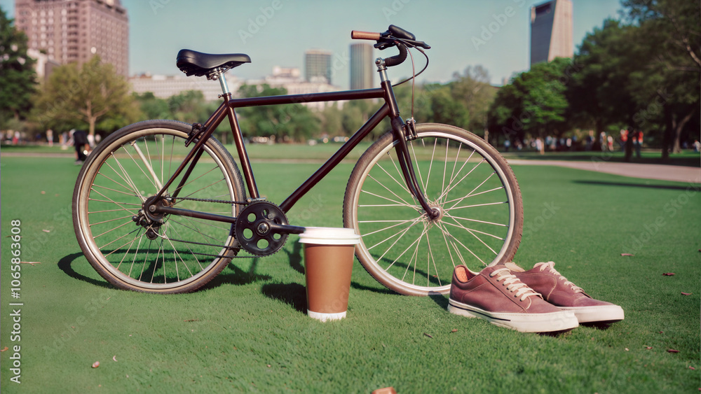 Fototapeta premium Minimalist Urban Lifestyle with Pastel Bicycle, Sneakers, Coffee, and Plant