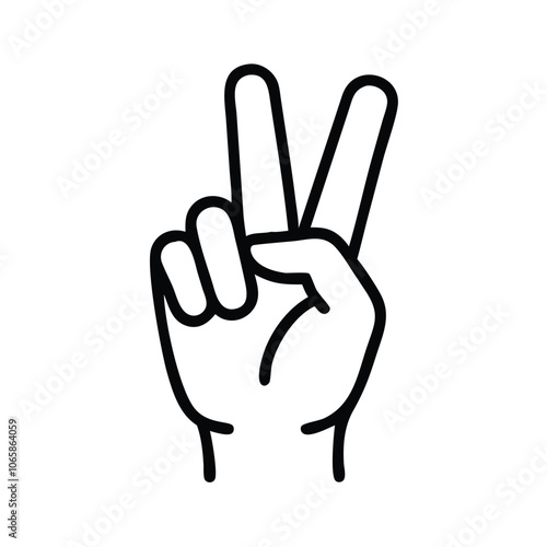 Black and White Peace Sign Line Icon, Minimalist line drawing of a hand making a peace or victory sign with two raised fingers, outlined in black on a white background.
