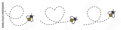 Flying bee route set. Bee flying path on dotted route group. Honey, insect, animal, natural - stock vector.