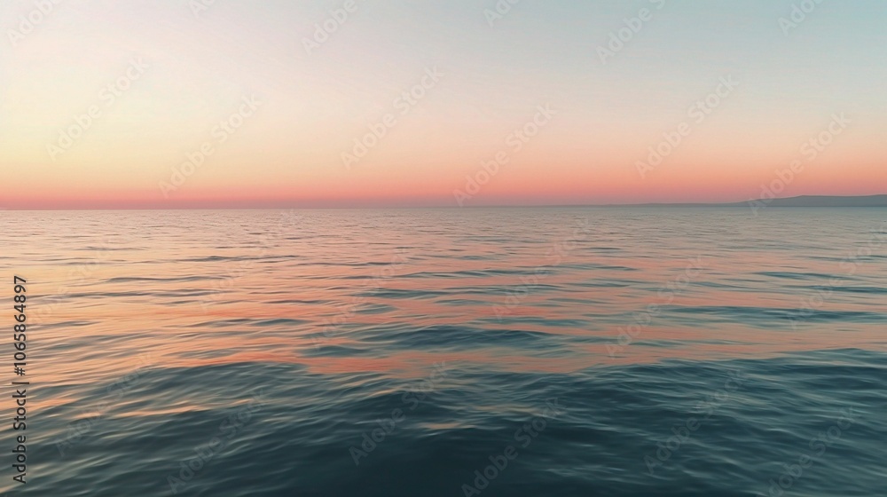 Obraz premium Golden Hour Serenity: A breathtaking panoramic view of a calm ocean at sunrise, bathed in soft, golden light.