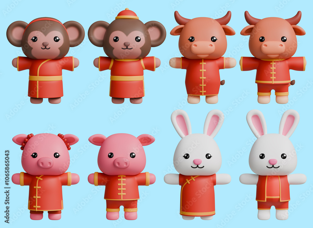 Obraz premium 12 Chinese Zodiac Animals Wearing Chinese Outfit, 3D rendered