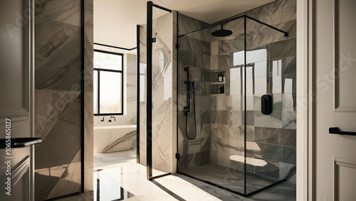 Elegant and contemporary ambiance in a spacious bathroom with a walk-in shower adorned with marble tiles and black fixtures
