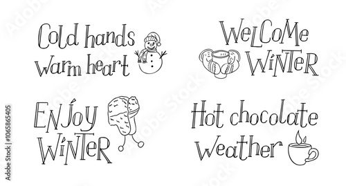 Set of winter hand drawn lettering for greeting cards with text and outline doodles. Template for Christmas banner, postcard. Black vector lettering with sketches isolated on white background