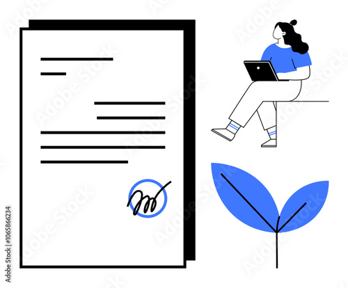 Signed document, woman with laptop, leaf. Ideal for business, remote work, digital contracts, e-learning, freelancing, environment, modern technology Line metaphor