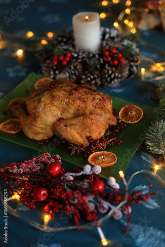 a beautifully roasted turkey, perfectly golden and glistening, presented on a festive holiday table for Christmas Eve