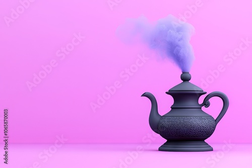 On a red pillow, Genie's magic lamp emits blue smoke