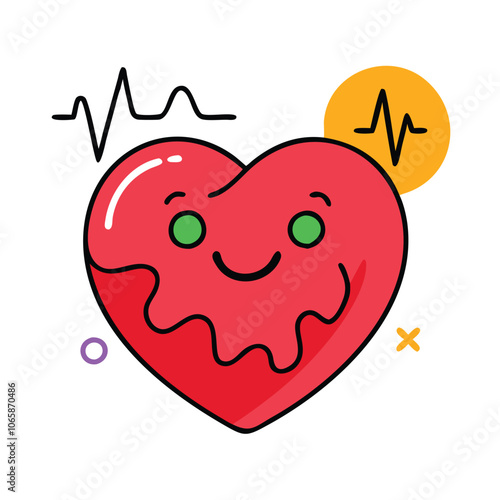 Cute Smiling Heart with Heartbeat Icon, Colorful cartoon heart with a smiling face and heartbeat lines, symbolizing health, happiness, and positivity in a playful style.

