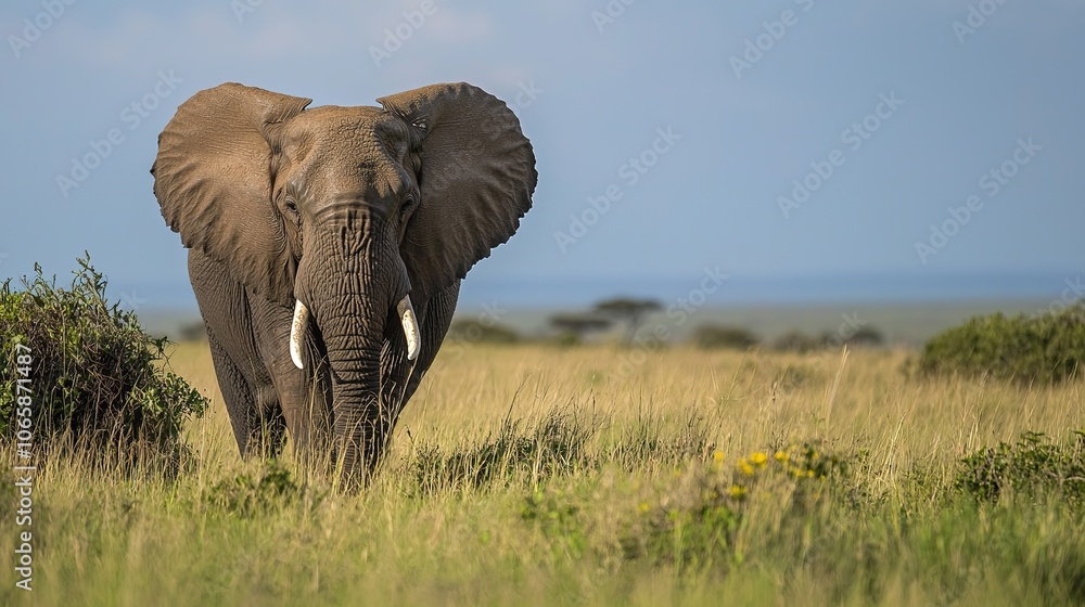 Fototapeta premium A majestic elephant stands in a grassy field, with a blue sky in the background, showcasing the beauty of wildlife.