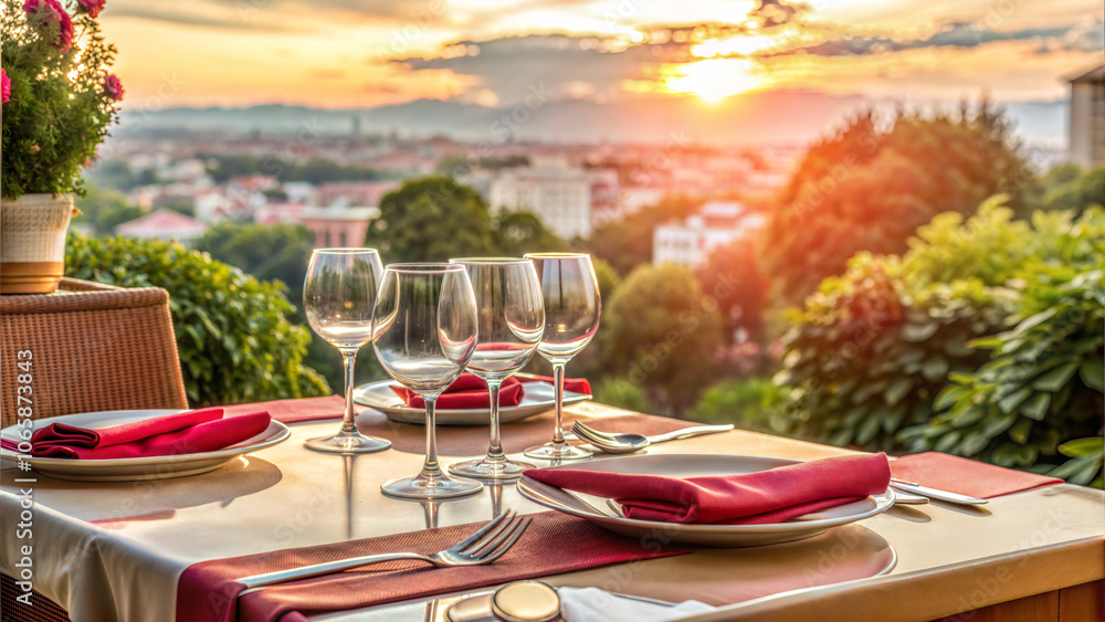 Fototapeta premium Elegant Dinner Table Setting with a Cityscape Sunset View