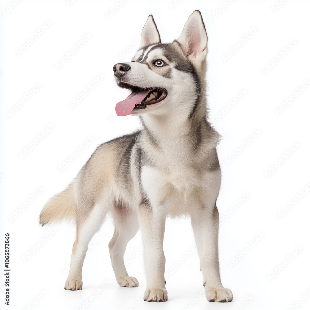 Fototapeta premium A playful Siberian Husky with a wagging tail in a bright setting