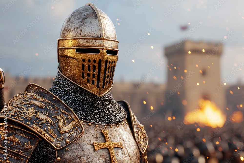 Standing against a starry background is a knight in shining armor. Standing against a starry background is a knight in shining armor.