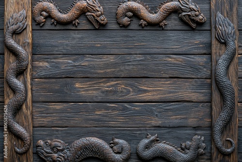 Dark brown wooden ornamental background. Oslo, Norway - part of a Viking ships museum vessel. photo