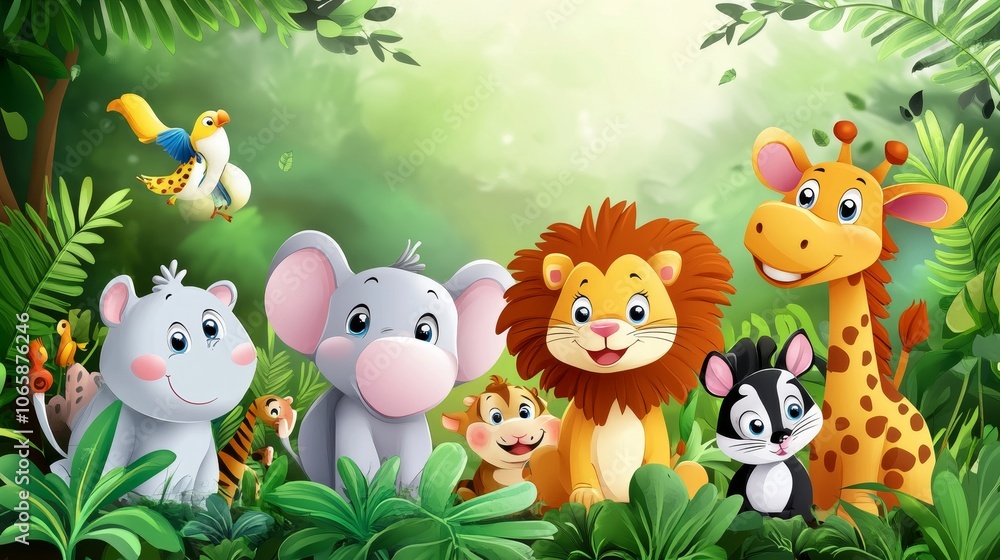 Naklejka premium A colorful cartoon-style illustration featuring various cheerful animals including a lion, elephant, giraffe, and more in a lush jungle setting