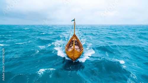 Seas of Storm threaten a Viking ship with a dragon-headed prow as it sails across stormy waves
