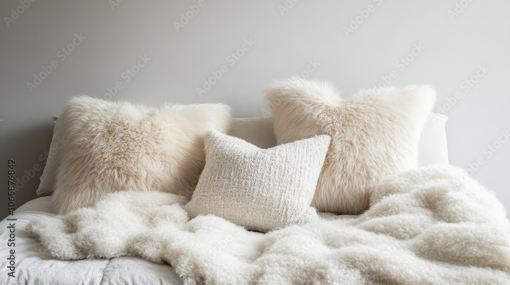 A cozy interior decor featuring plush faux fur pillows and a soft blanket on a light-colored bed A cozy interior decor featuring plush faux fur pillows and a soft blanket on a light-colored bed