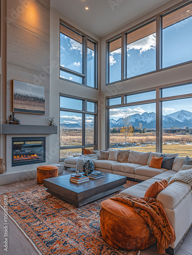 modern living room with sectional sofa and mountain view