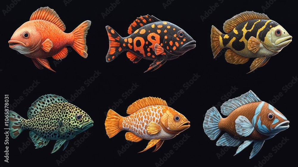 Fototapeta premium Various fish species on dark background