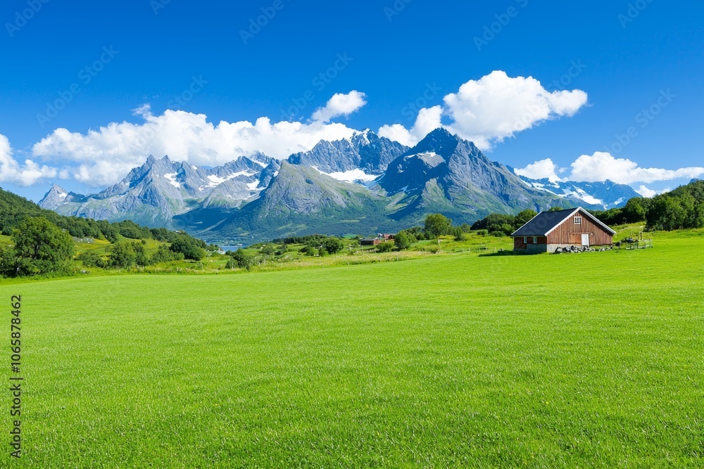An architectural design of the Lofotr long house, which was home to the Vikings during the Viking era. This was a picture taken during daytime with white clouds in the background. Mountains are in An architectural design of the Lofotr long house, which was home to the Vikings during the Viking era. This was a picture taken during daytime with white clouds in the background. Mountains are in