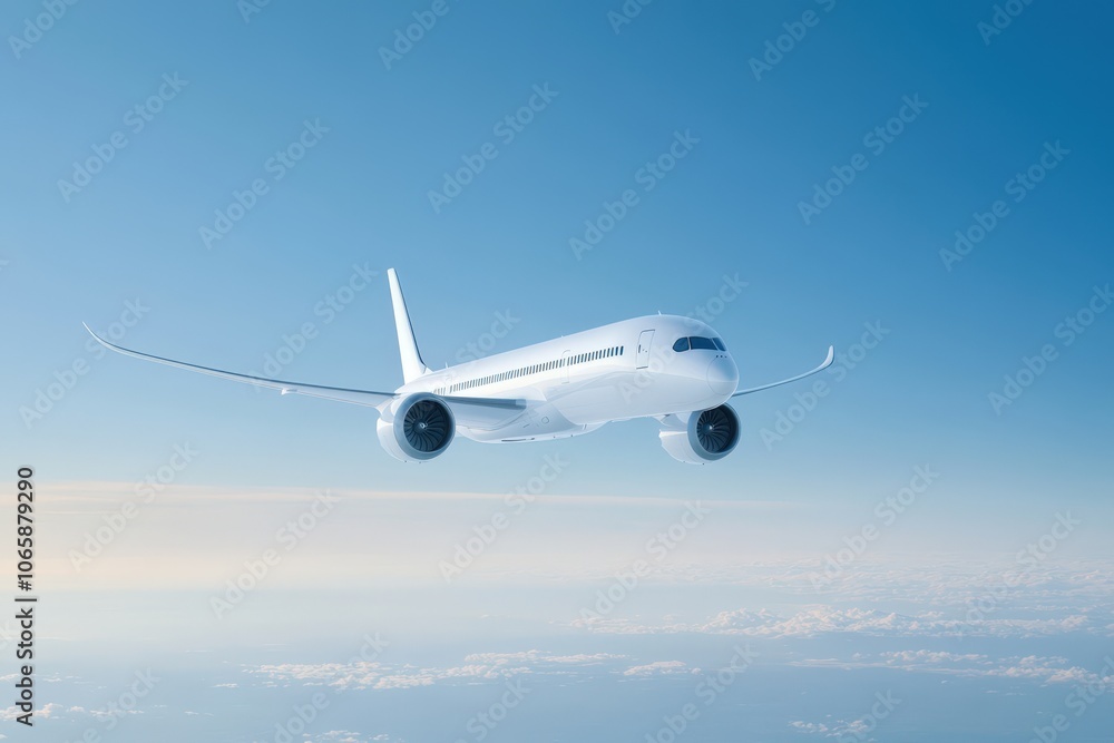 Sleek commercial airplane soaring through the clear blue sky Sleek commercial airplane soaring through the clear blue sky
