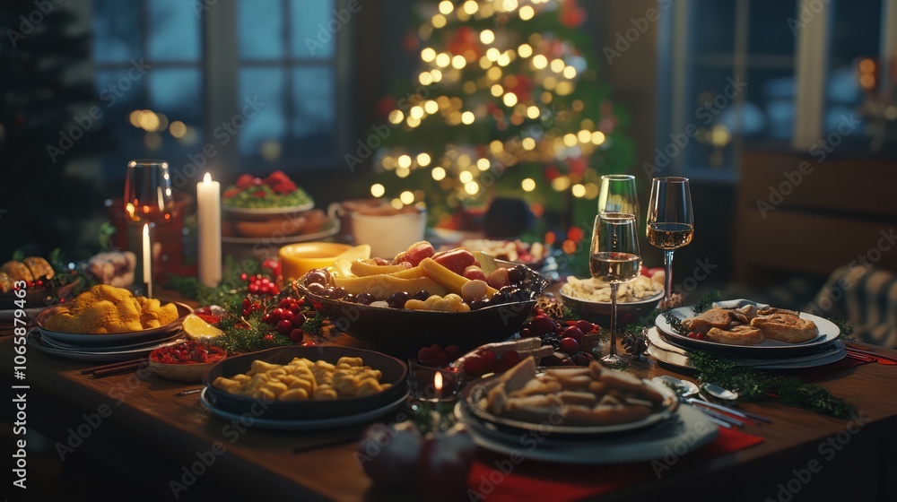 Fototapeta premium Happy Christmas Dinner table full of dishes with food and snacks, New Year's decor with a Christmas tree on the background.