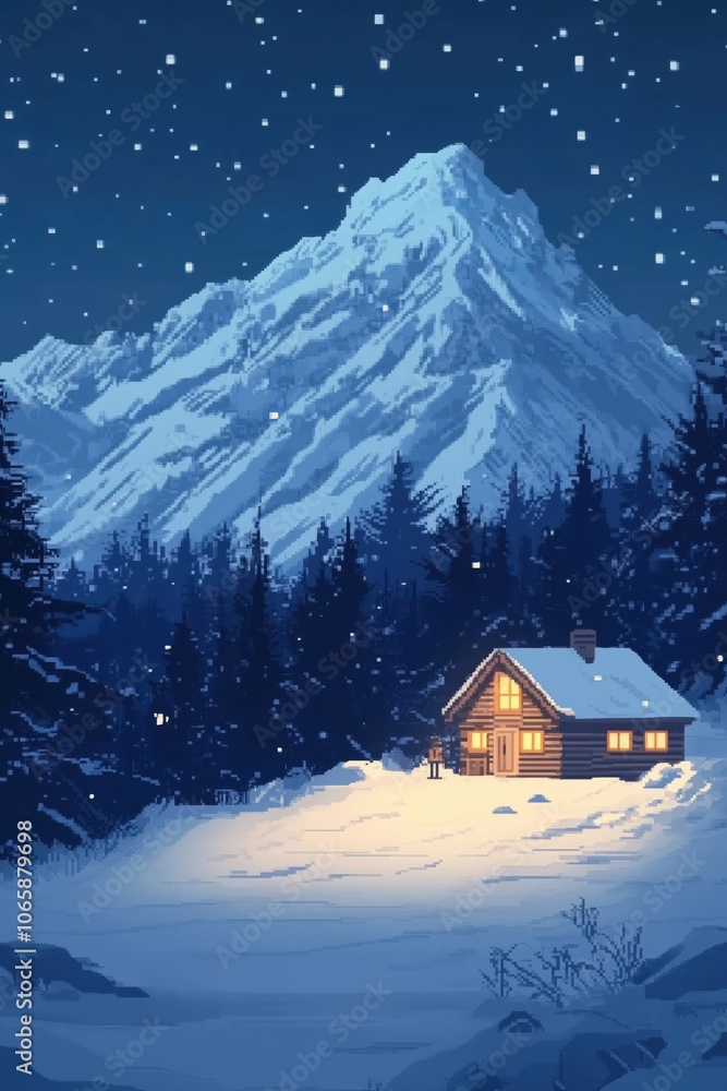 Fototapeta premium Cozy wooden cabin nestled in snowy mountains under starry night sky