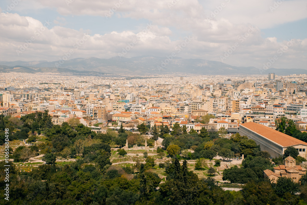 Obraz premium A view of Lycabettus Hill and the Ancient Marketplace of Athens, Greece