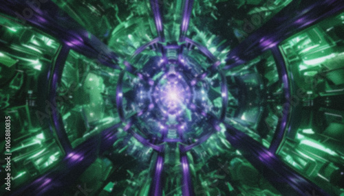 Abstract background with glass effect and lights, kaleidoscope tunnel in space time immersive experience room