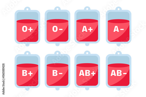 Set of blood groups, names on plastic blood bags. A, B, O, AB types. Isolated on transparent background. Vector illustration.