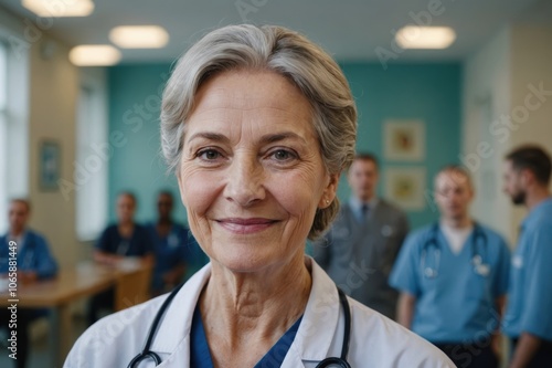 Close portrait of a smiling senior Ukrainian woman doctor looking at the camera, Ukrainian hospital blurred background photo