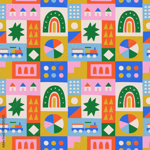 Fun colorful geometric shape seamless pattern. Abstract retro children style art background for kids, trendy design with geometry mosaic shapes. Simple childish patchwork wallpaper texture.