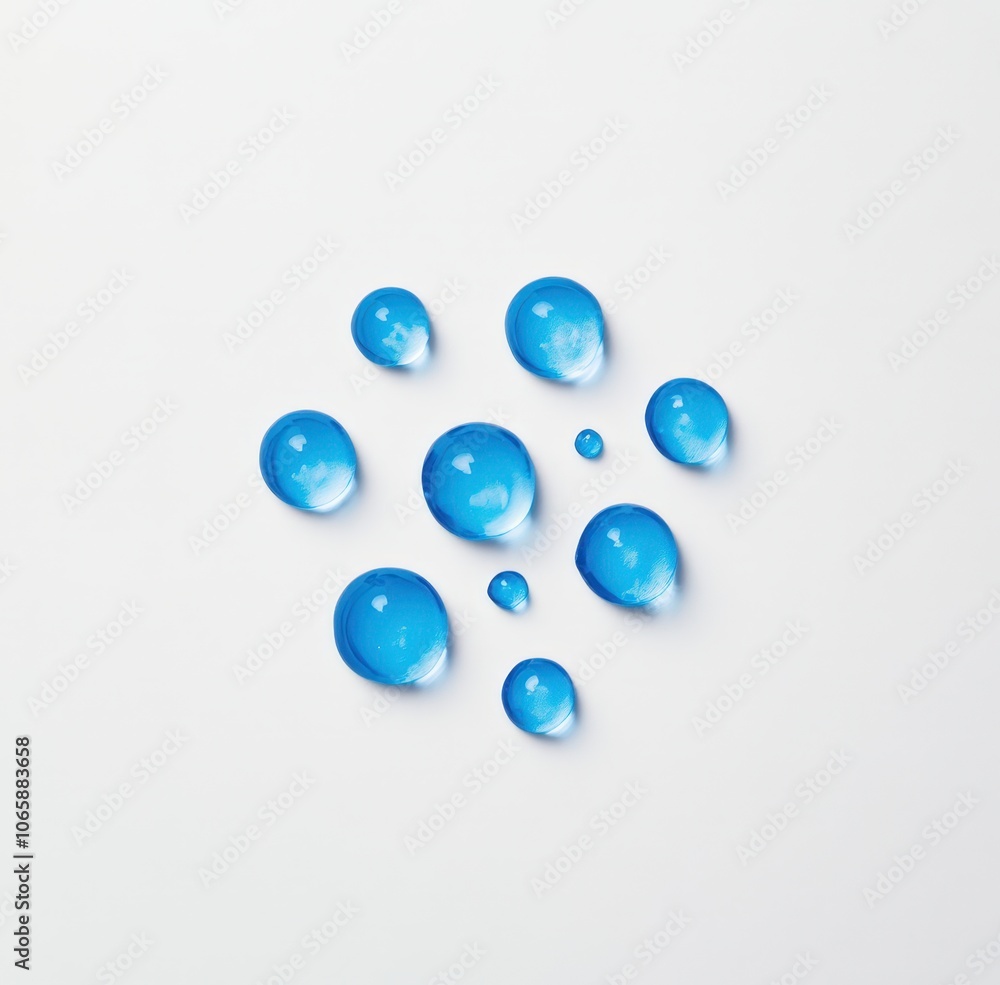 Fototapeta premium Transparent blue water droplets on a white background