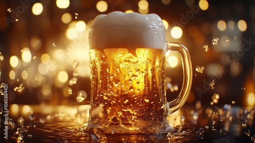 Refreshing mug of cold beer with overflowing foam and water drops on a bar counter with bokeh effect photo