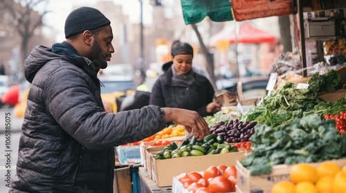 A diverse market stand in Detroit featuring a variety of soul food dishes, vibrant cityscapes, and interaction with locals