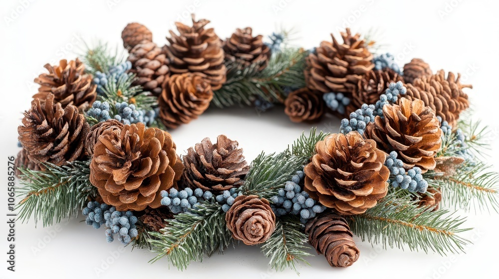 a traditional holiday wreath with pine cones and berries, classic Christmas look, isolated on white background a traditional holiday wreath with pine cones and berries, classic Christmas look, isolated on white background