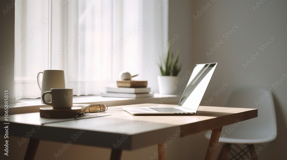 Fototapeta premium Cozy Workspace with Laptop and Natural Light