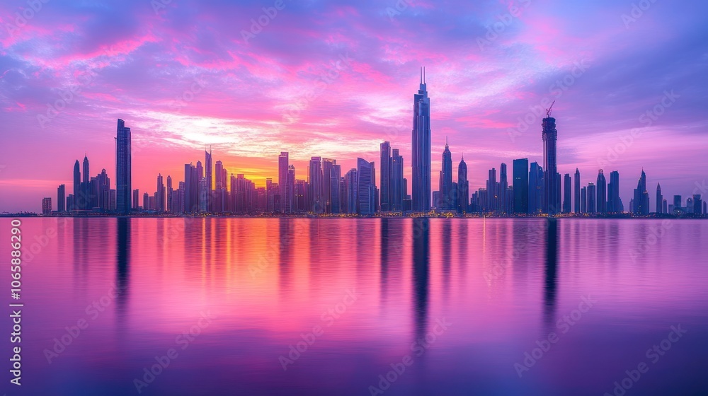 Obraz premium A stunning view of the Dubai skyline at sunset, with vibrant colors reflected in the water.