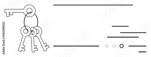 Keychain with four keys hangs on left while abstract lines and dots fill right. Ideal for security concepts, locksmith services, access solutions, minimalistic design, vector art, key management
