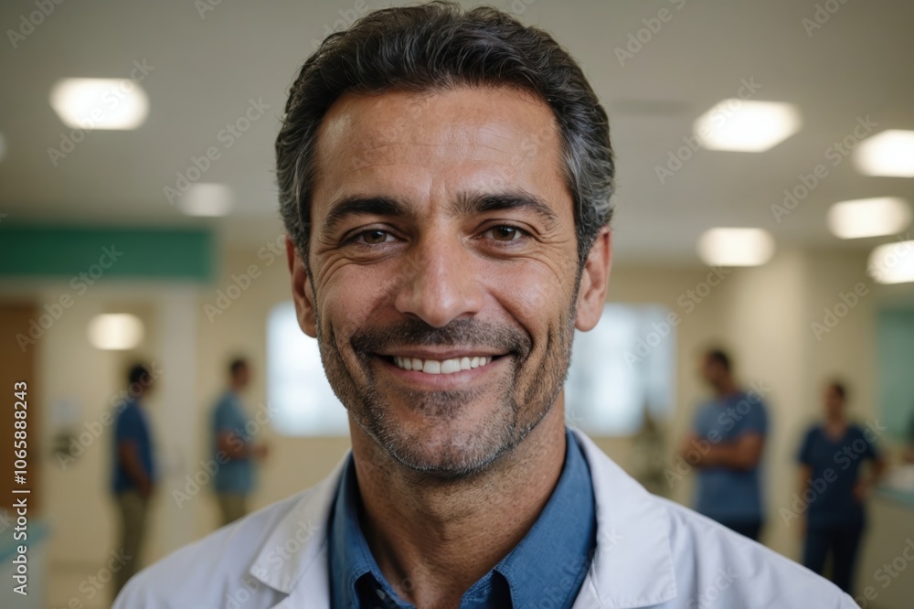 Obraz premium Close portrait of a smiling 40s Brazilian man doctor looking at the camera, Brazilian hospital blurred background