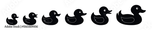 Black silhouette of rubber ducks and ducklings in a row isolated on a white background. Concept of duck family, minimalist style, cute bath toys. Print, icon, design element