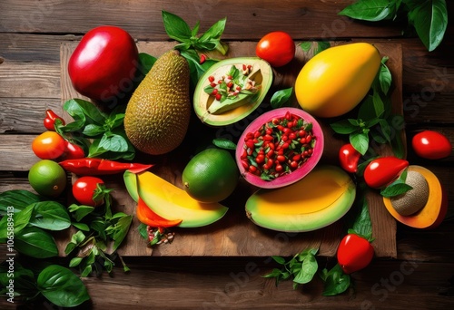 vibrant close flat lay colorful fresh food ingredients including herbs captured eye catching composition, avocado, basil, beets, berries, cucumber photo