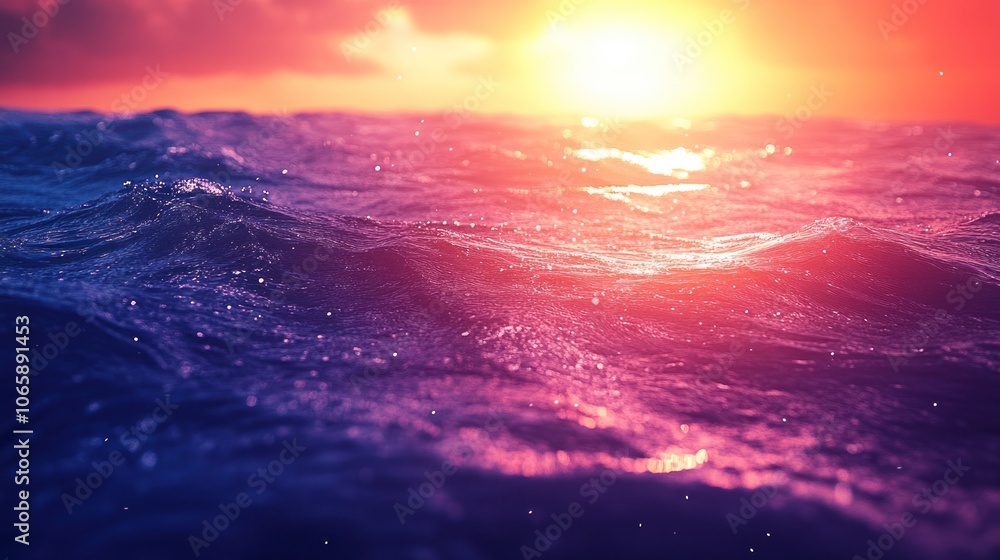 Fototapeta premium A vibrant sunset over a calm ocean with a beautiful pink and purple sky.