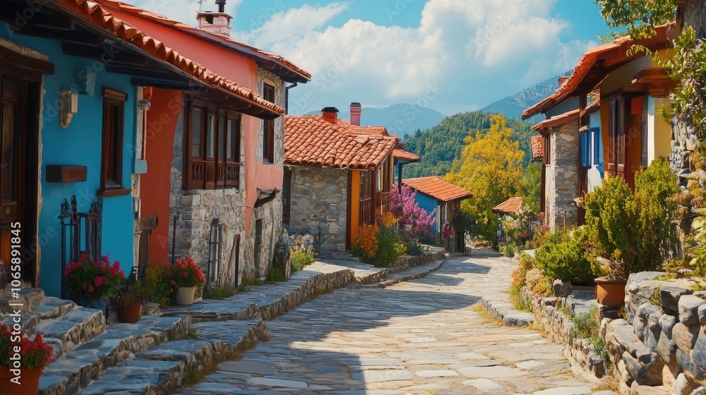 Obraz premium A traditional stone pathway winding through a village with colorful homes and clay-tiled roofs under clear blue skies.