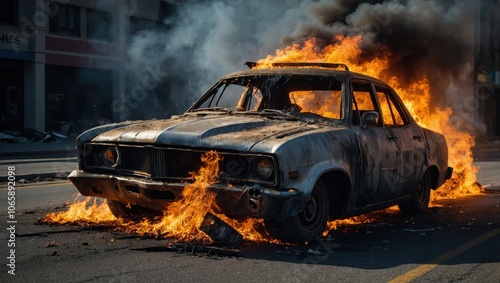 An old car is burning on the road